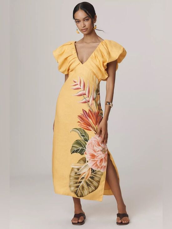 FARM Rio Dresses & Skirts - New Anthropologie Farm Rio V-Neck Linen Midi Dress Size L